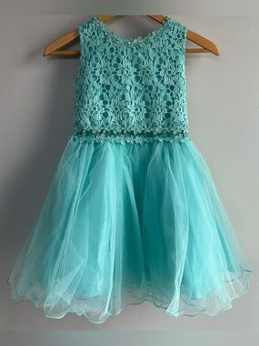 Joy Kids Girls Size 8 Aqua Lace Tulle Party Dress Sleeveless Wedding Formal